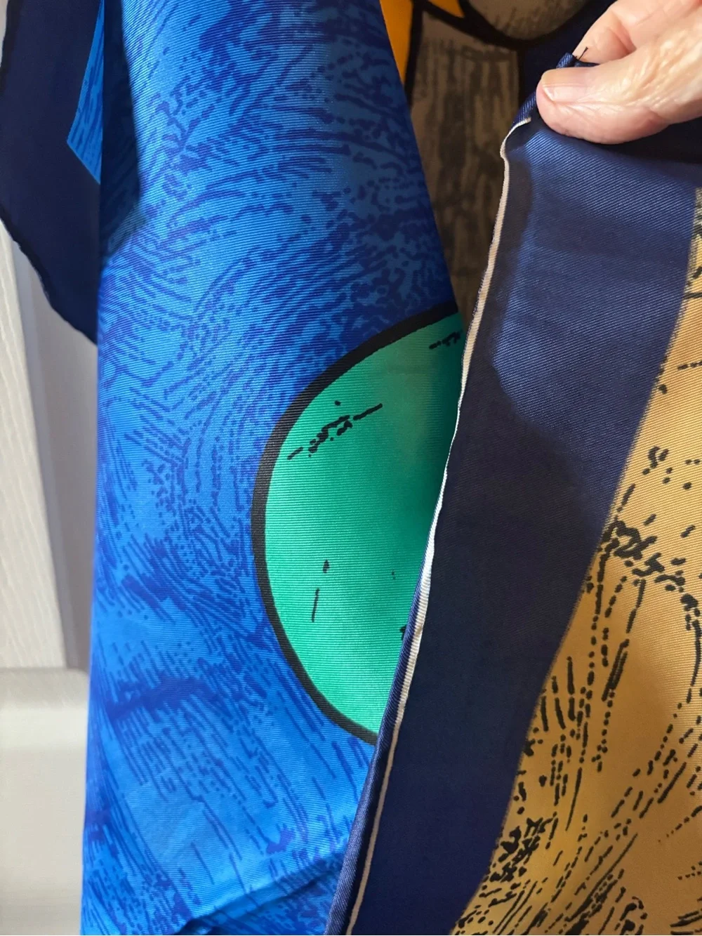 Blue Abstract Art Silk Scarf with Yellow & Black Accents